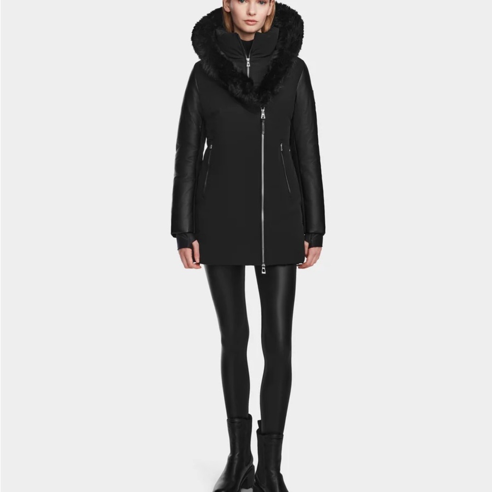 RUDSAK GRACE Black Puffer Leather Jacket with Raccoon Fur Hood $1195